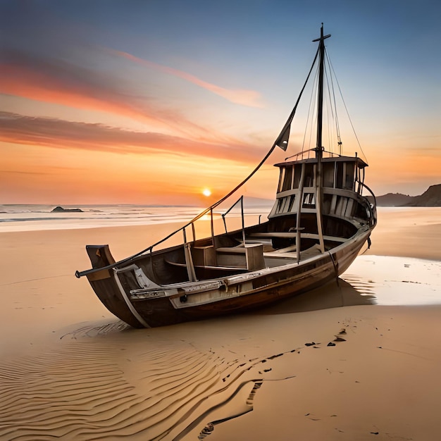 Un barco está en la playa con la puesta de sol detrás de él.