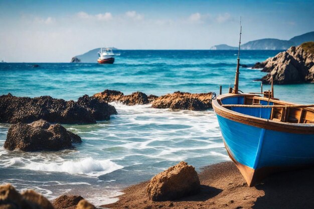 un barco está sentado en el agua cerca de una roca