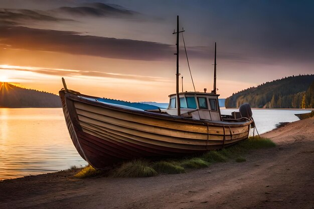 Un barco está sentado en la orilla de un lago.