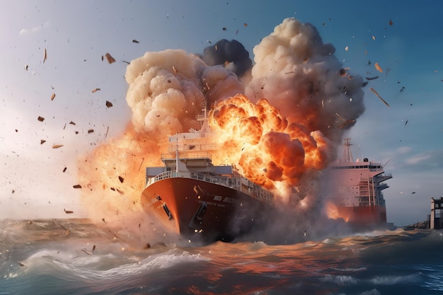 Un barco está siendo destruido por una bola de fuego.
