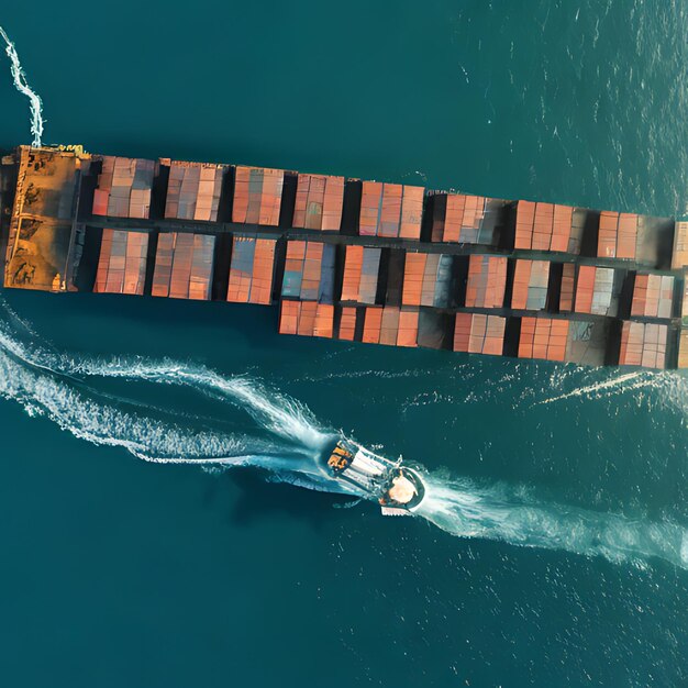 un barco está siendo remolcado por un remolcador que tiene contenedores de envío en él