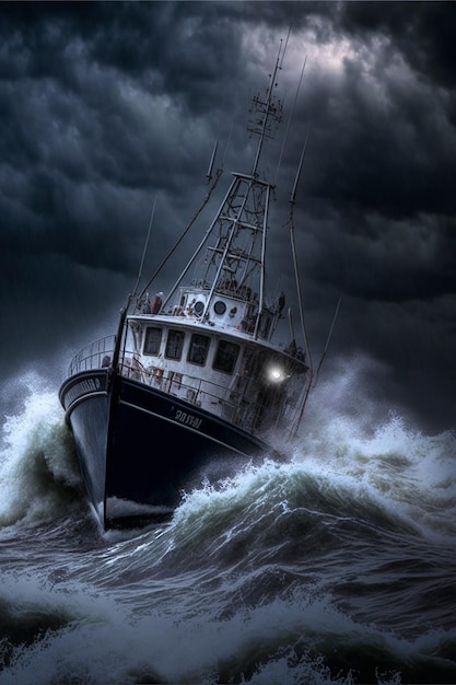 Un barco está en una tormenta con la palabra mar en el frente.