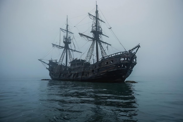 Foto un barco fantasma emergiendo del mar de niebla.