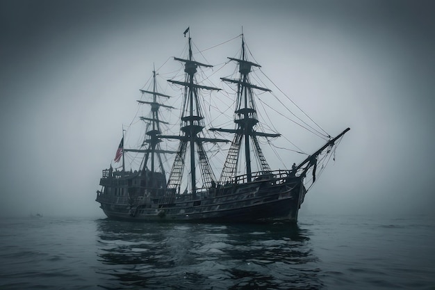 Un barco fantasma emergiendo del mar de niebla.