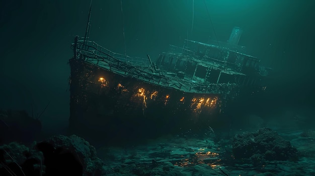 Un barco fantasma hundido descansando en el fondo del océano