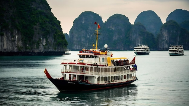 Foto barco de ferry turístico en la bahía de halong el sitio del patrimonio mundial de la unesco en vietnam