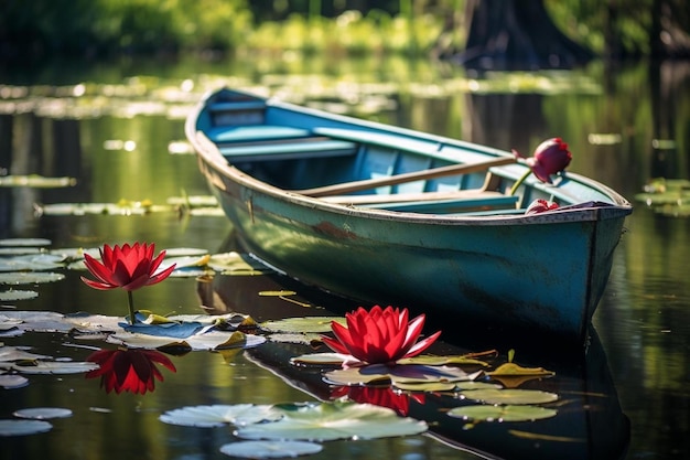 un barco con una flor se encuentra en un lago con nenúfares al fondo.