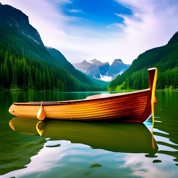 Un barco flota en un lago con una montaña al fondo.