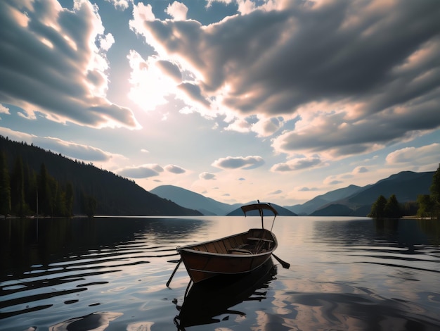 Un barco flota en un lago con montañas al fondo.