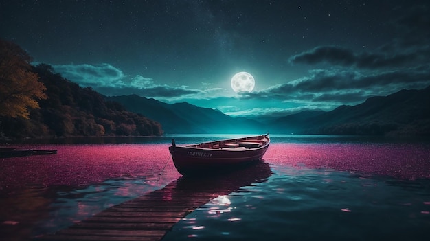 Foto barco flotando en el agua bajo la luna