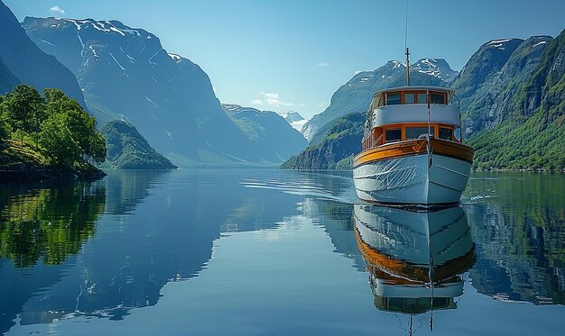 Foto un barco está flotando en el agua con montañas en el fondo