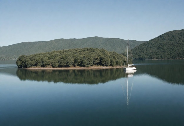 Foto un barco está flotando en un lago con árboles en el fondo