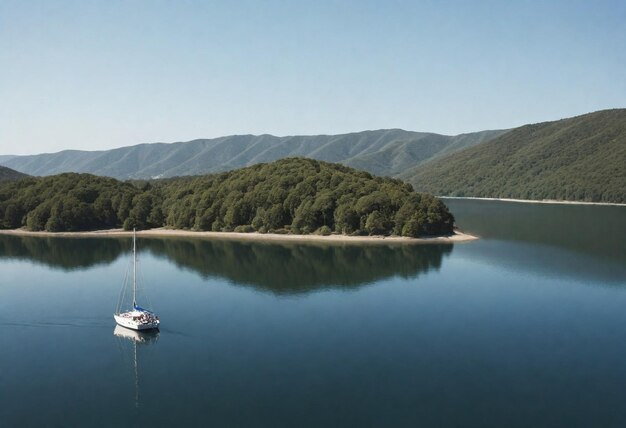 Foto un barco está flotando en un lago con una montaña en el fondo