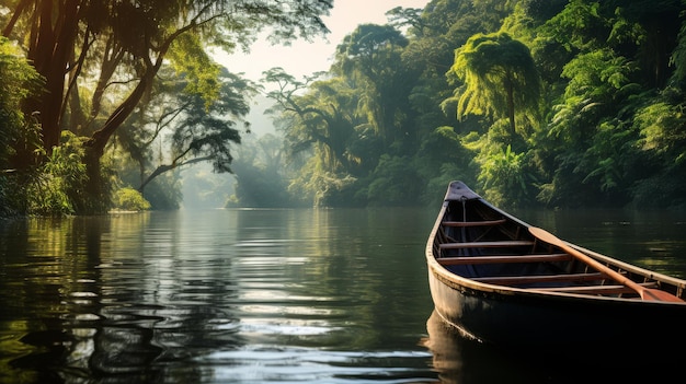 Un barco flotando en el río junto a un bosque verde y exuberante