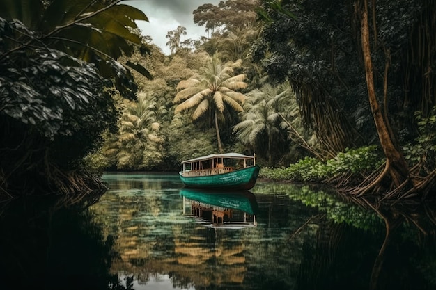 Barco flutua no rio na floresta tropical ilustração ai generative