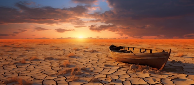 Barco flutuando em lago e mar secos, rachados e secos Conceito de aquecimento global e mudança climática
