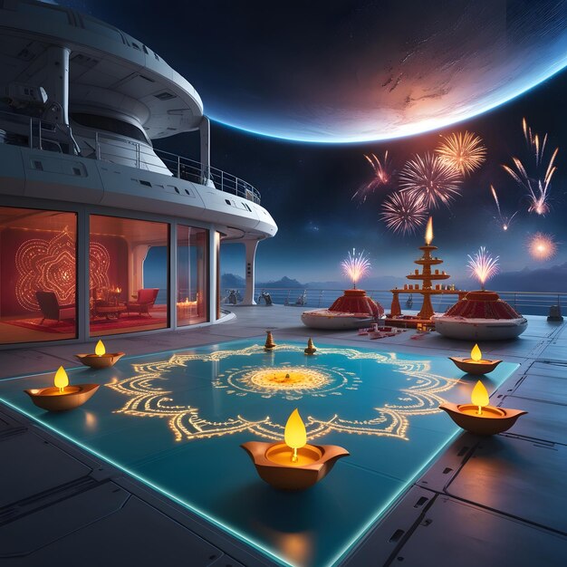 un barco con fuegos artificiales en la cubierta y un barco con fuego artificial en el fondo