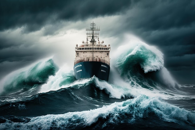 Foto barco y grandes olas tormentas en el mar barco heroico estilo de arte digital ilustración pintura