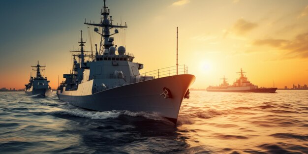 Foto barco de guerra al atardecer en el océano ia generativa