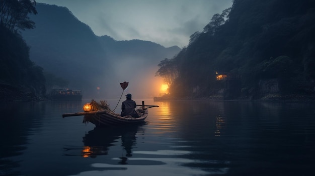 Barco de hombre con linterna Imagen de fotografía de río asiático Arte generado por IA