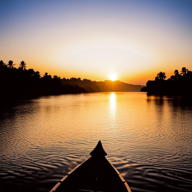 Un barco hacia el horizonte al atardecer.