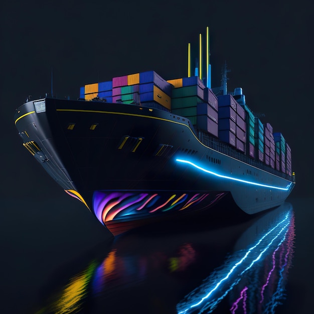 Un barco iluminado con luces de colores en el lateral.