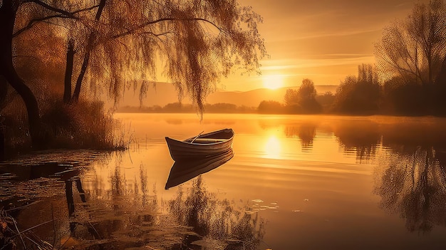 Un barco en el lago al atardecer.