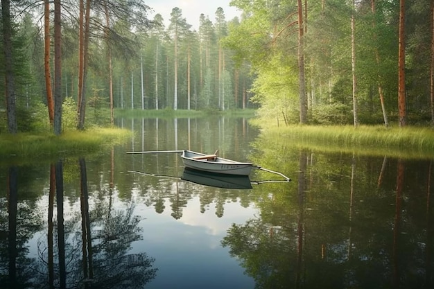 Un barco en un lago con árboles al fondo.