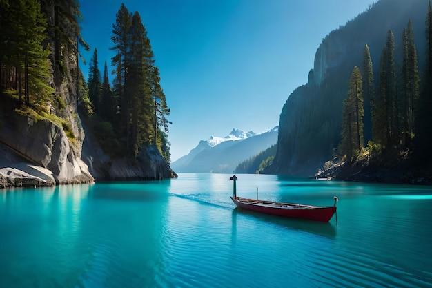 Un barco en un lago azul con montañas al fondo