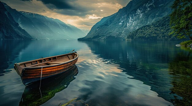 barco en un lago cerca de las montañas