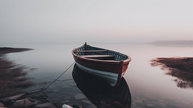 Un barco en un lago con un cielo brumoso de fondo