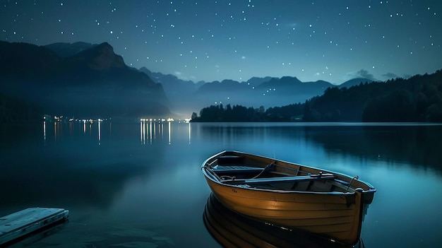 Un barco en un lago con un cielo estrellado en el fondo