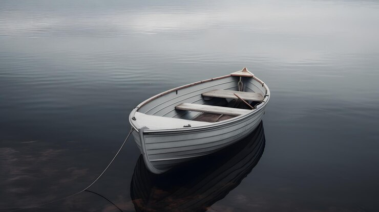 Un barco en un lago con un cielo nublado al fondo.
