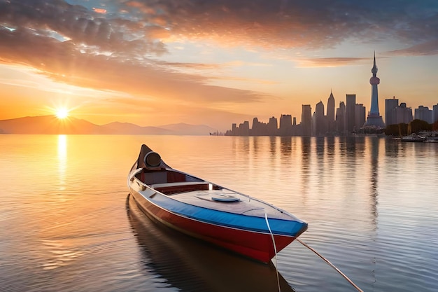 Un barco en un lago con una ciudad al fondo.