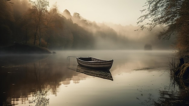 Un barco en un lago con un fondo brumoso