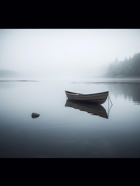 Un barco en un lago con un fondo de niebla y la palabra "lago".