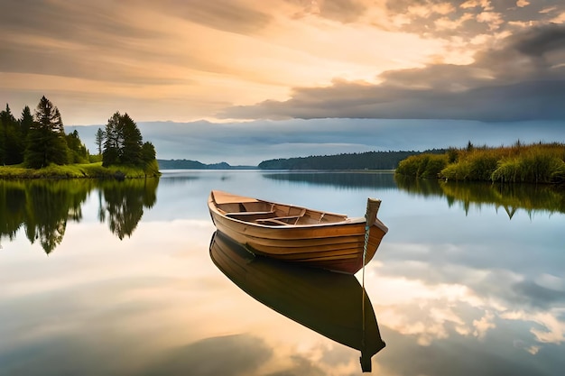 un barco en un lago con un fondo de puesta de sol