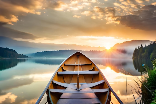 un barco en un lago con un fondo de puesta de sol