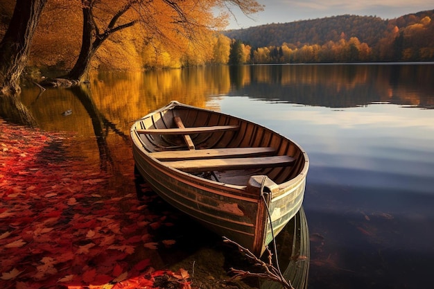 Foto un barco en un lago con hojas de otoño en el agua