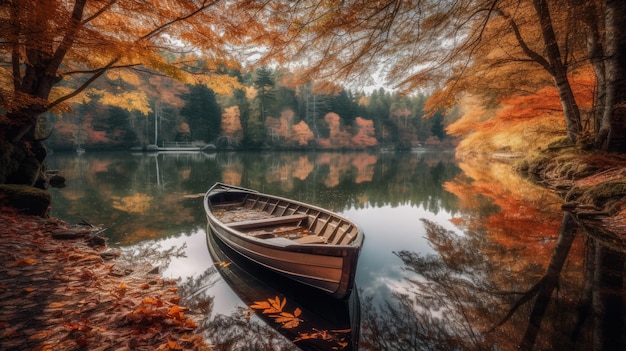 Un barco en un lago con hojas de otoño al fondo.