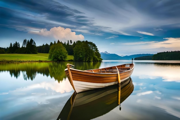 un barco en un lago con un lago y montañas al fondo