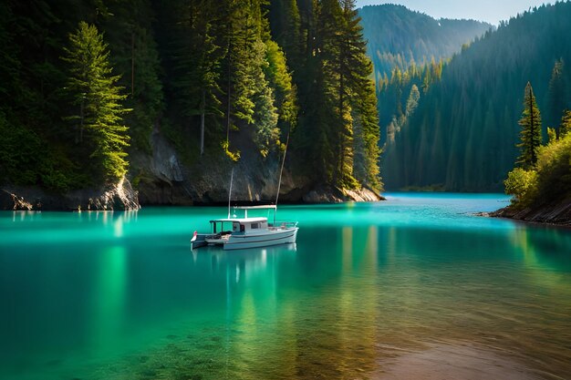 Un barco en un lago con una montaña al fondo.