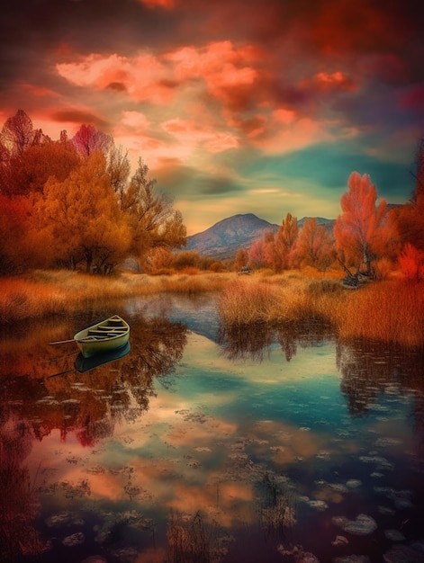 Un barco en el lago con una montaña al fondo.