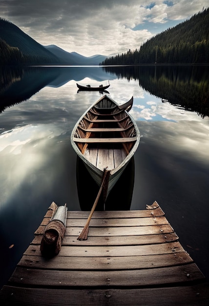 Un barco en un lago con una montaña de fondo.