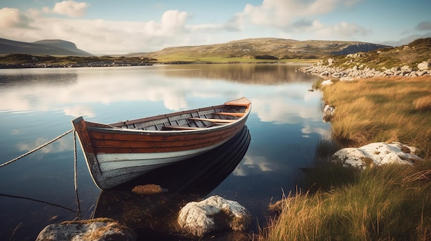 Un barco en un lago con montañas al fondo.