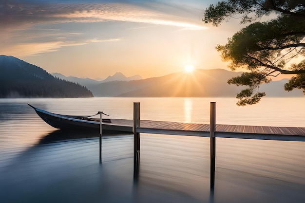 Un barco en un lago con montañas al fondo.