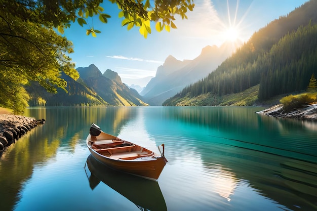 Un barco en un lago con montañas al fondo.