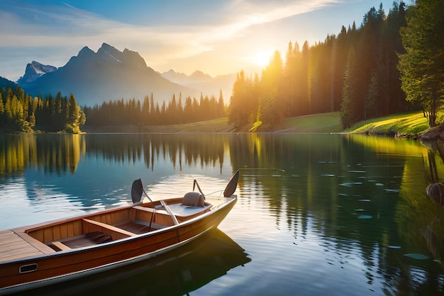 Un barco en un lago con montañas al fondo.