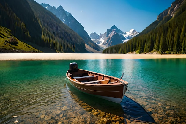 Un barco en un lago con montañas al fondo.