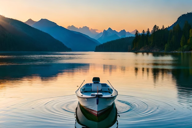 Un barco en un lago con montañas al fondo.